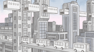 Dichte Taktfolge: urbane Mobilität der Zukunft mit den Augen des Illustrators Tom Morris gesehen.